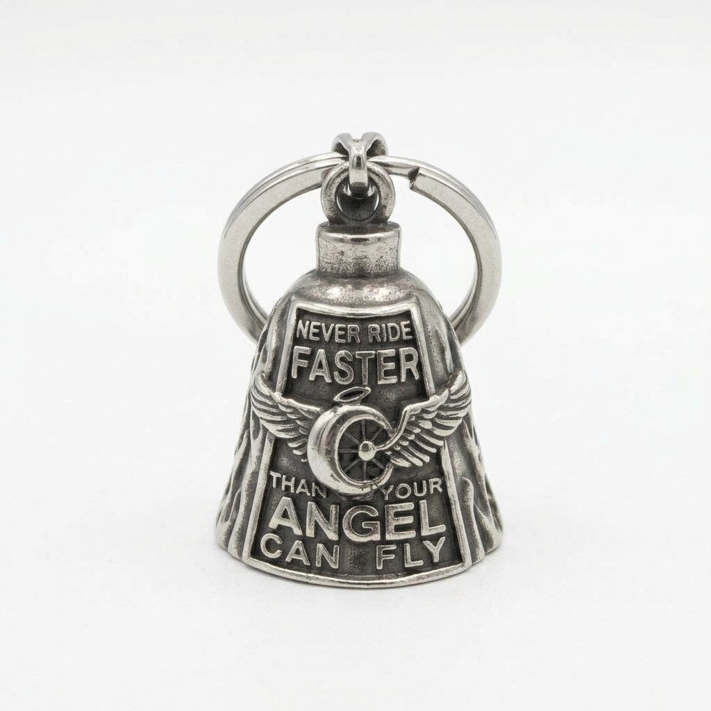 Motorcycle Guardian Bell with Winged Wheel Design – Biker Good Luck Charm with Keychain and Necklace — Bell Keychain