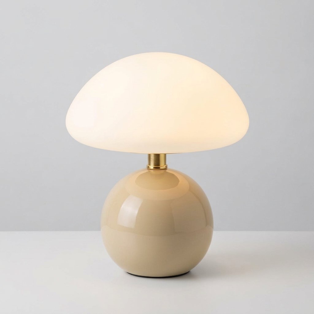 Mushroom Table Lamp with Frosted PVC Shade and Ceramic Base — Beige