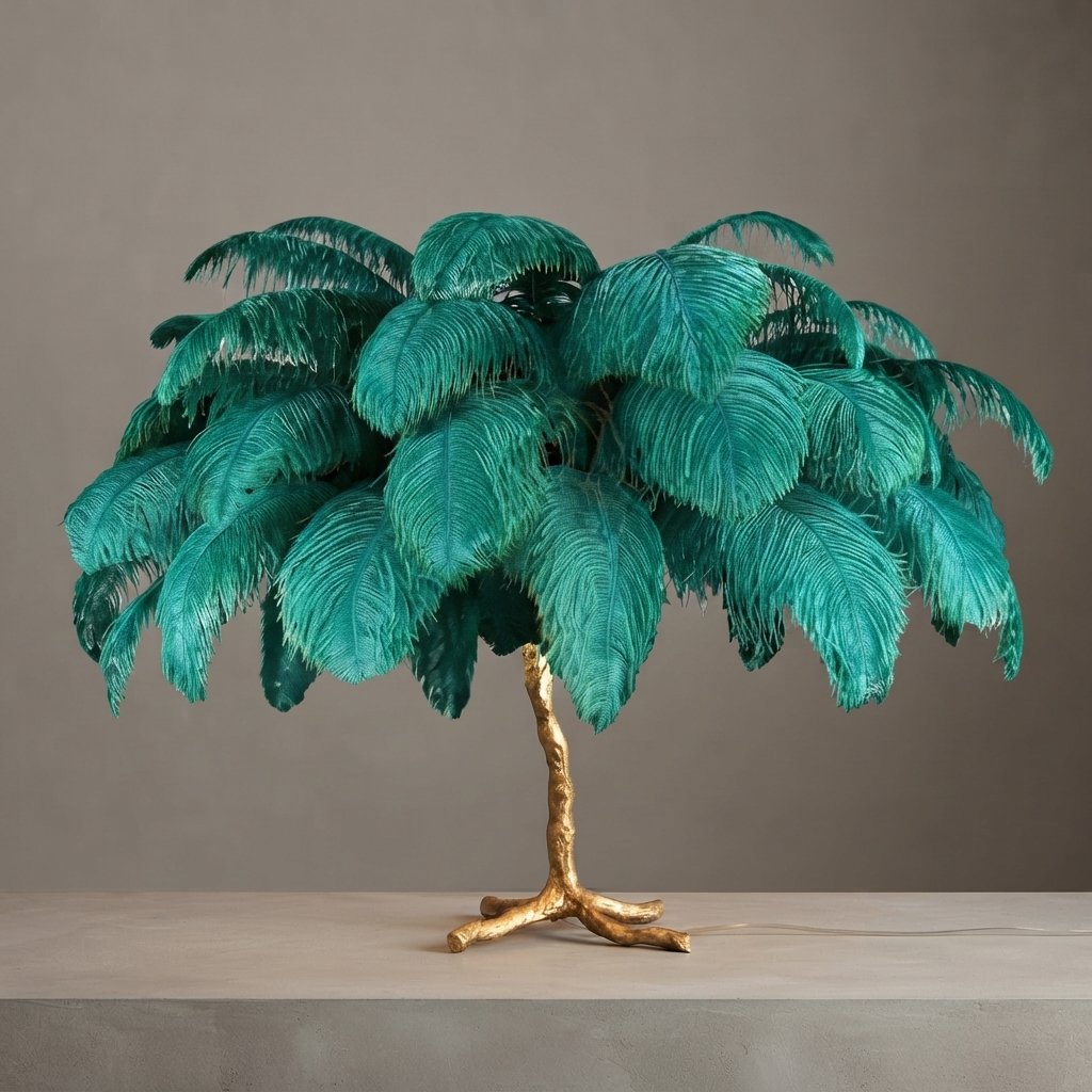 Ostrich Feather Floor Lamp with Gold Branch Base — Green