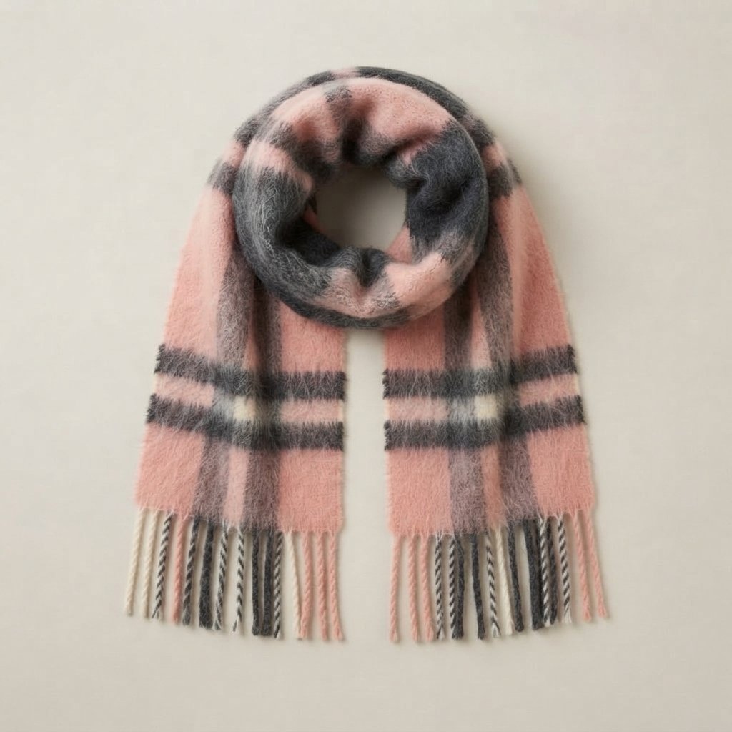 Oversized Checked Winter Scarf with Fringed Ends — Pink