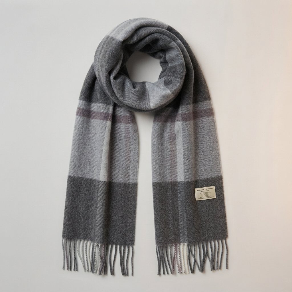 Plaid Wool Scarf with Fringe – Oversized Winter Wrap — Medium Grey
