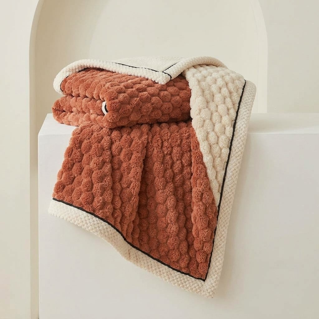 Plush Microfibre Throw Blanket, Bubble-Texture Fleece — Velvet Red