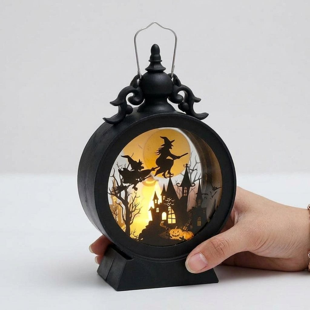 Retro Halloween Lantern with Warm LED Glow and Cut-Out Scene — Witch
