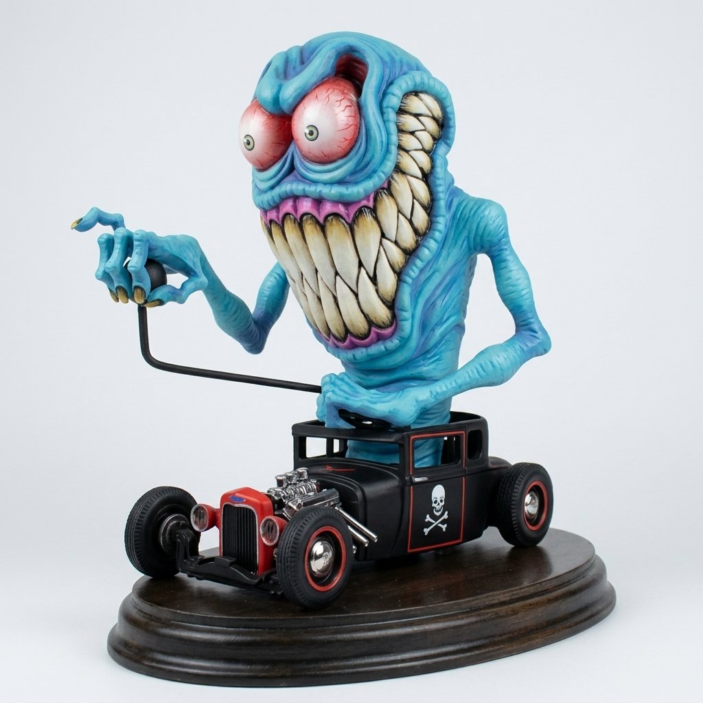 Retro Hot Rod Monster Collectible Figure – Hand-Painted Resin Model with Car Base — Tooth Monster