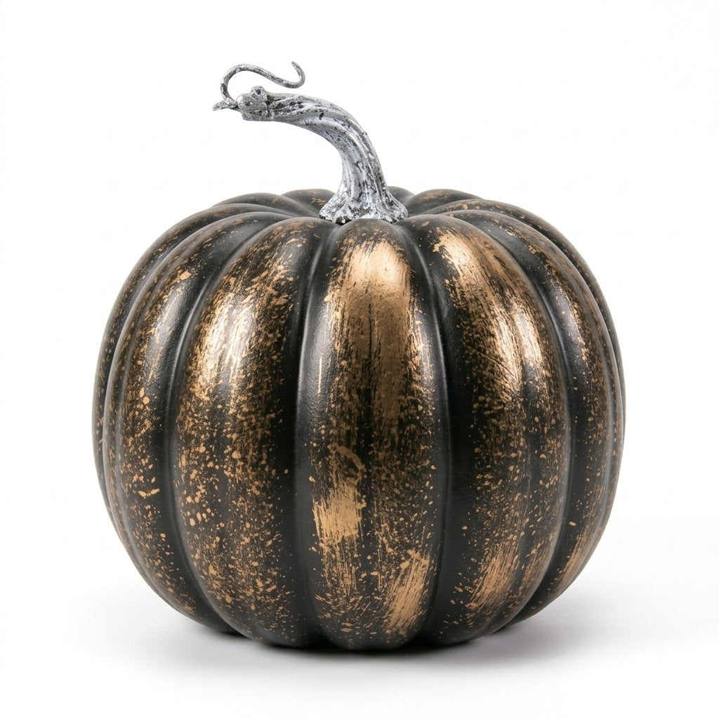 Set of 7 Artificial Foam Pumpkins with Ribbed Texture and Curved Stems – Autumn and Halloween Decoration — Bronze/Black