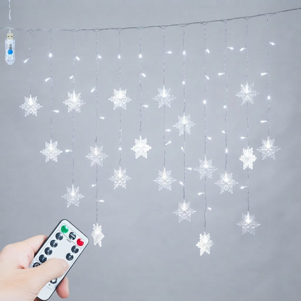 Snowflake Curtain Lights USB with Remote, 8 Modes — White