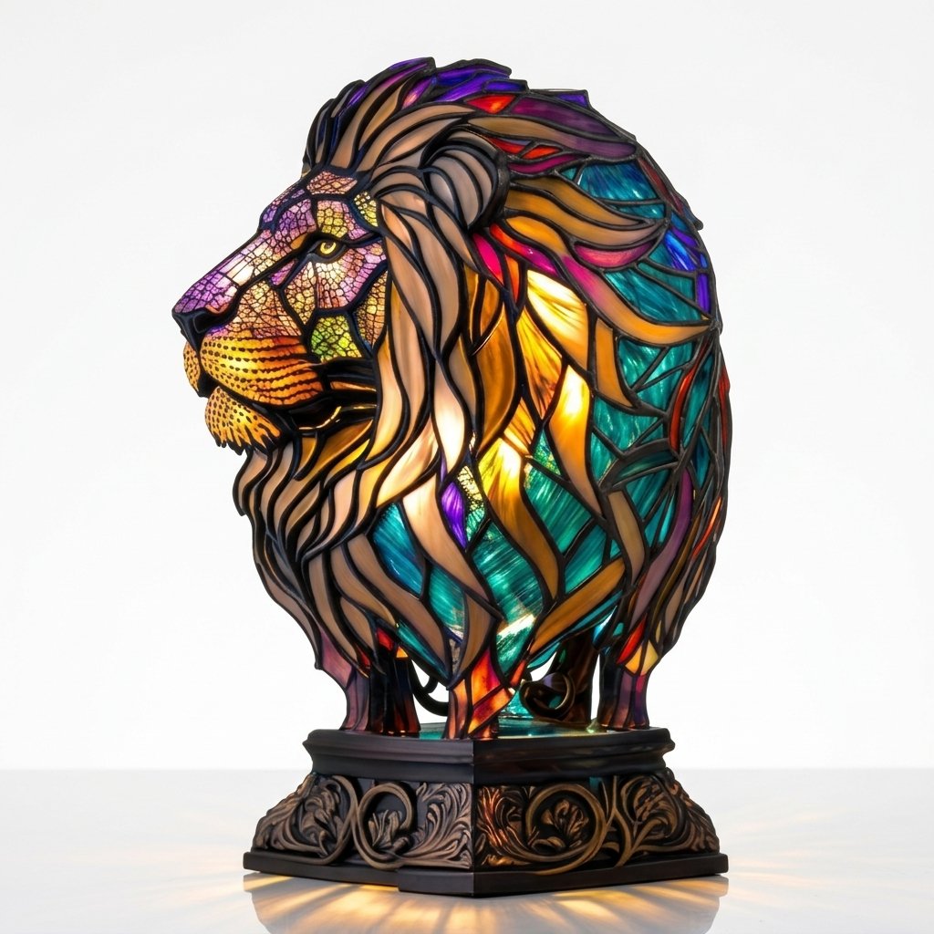 Stained Glass-Look Animal Table Lamp, USB LED — Lion