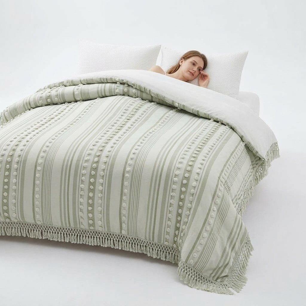Striped Cotton Duvet Set with Tassel Detail — Light green