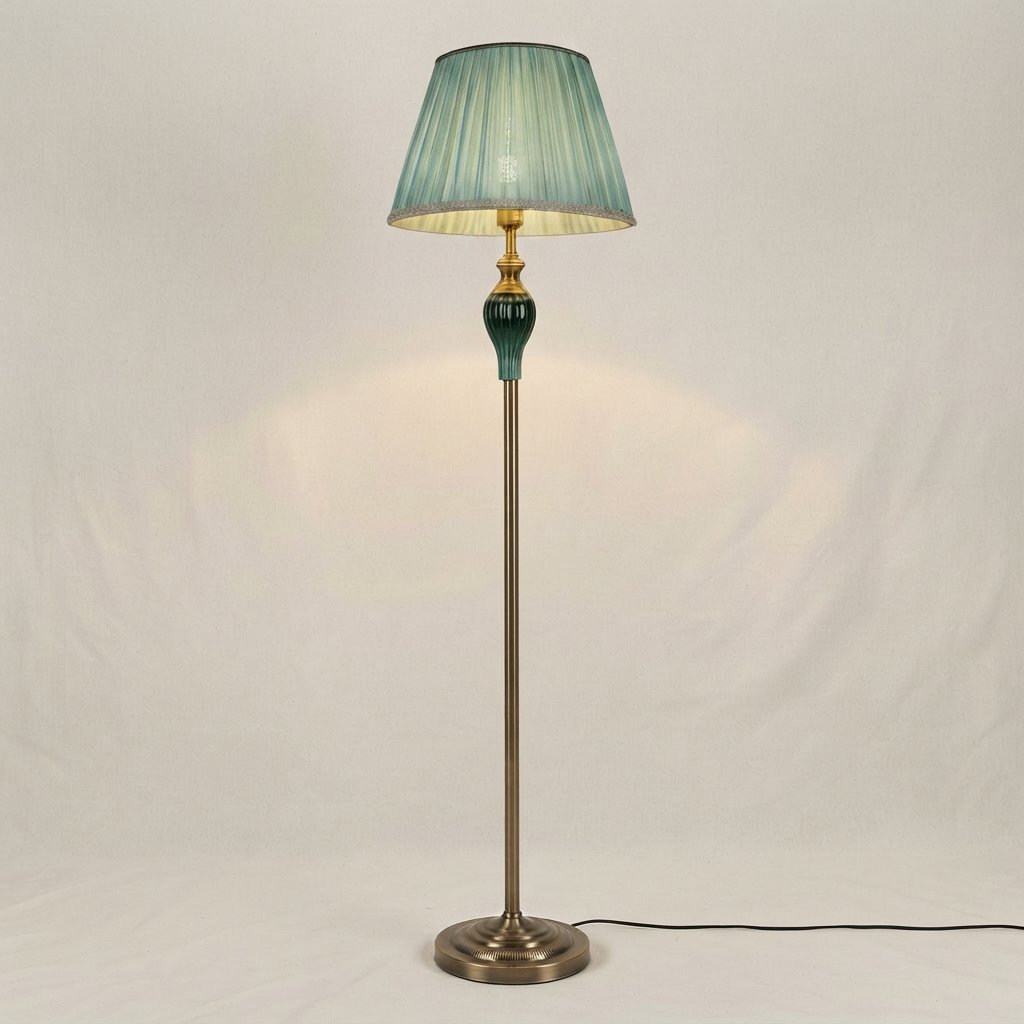Velournis Vintage Floor Lamp with Pleated Fabric Shade — Green