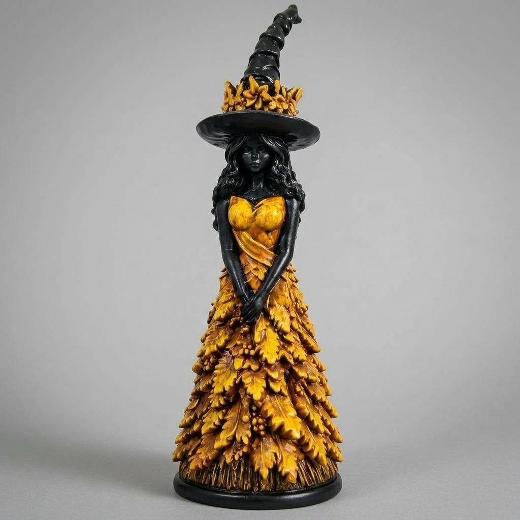 Witch figurine with leaf dress and pointed hat, gothic autumn decoration in four colours — Yellow