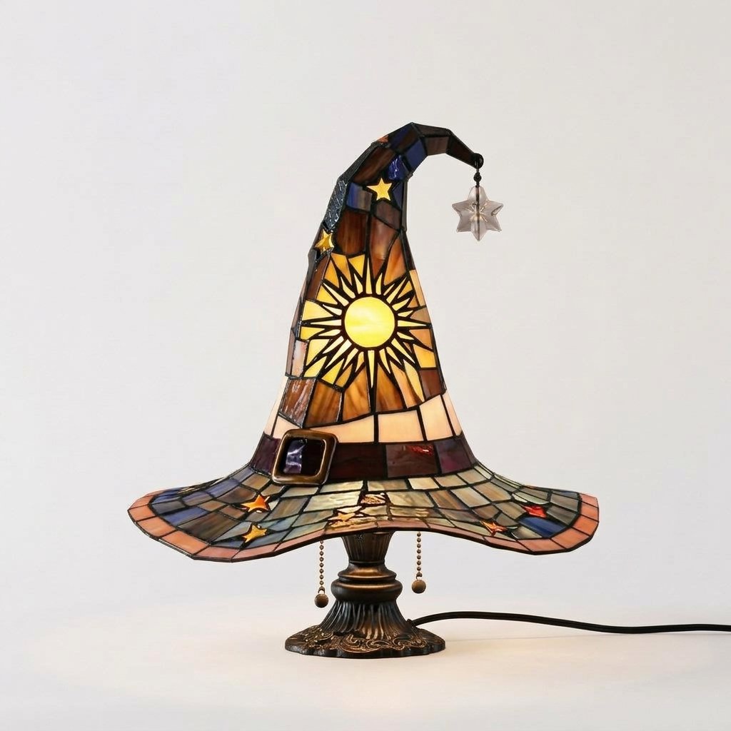 Witch Hat Tiffany-Style Stained Glass Accent Lamp with Star and Sun Motifs — White
