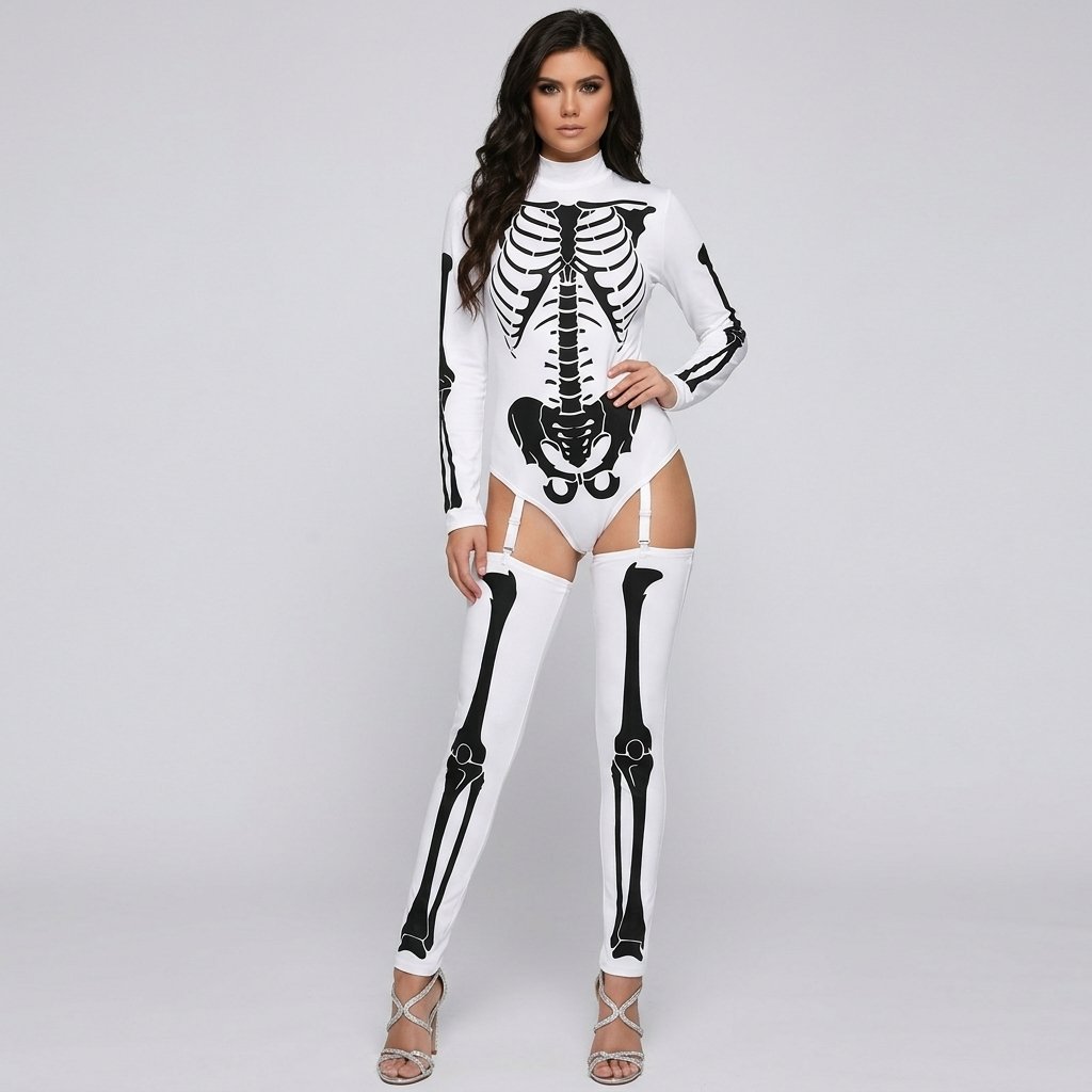 Women's Skeleton Print Halloween Bodysuit with Thigh-High Leggings and Garter Straps — Black Gold