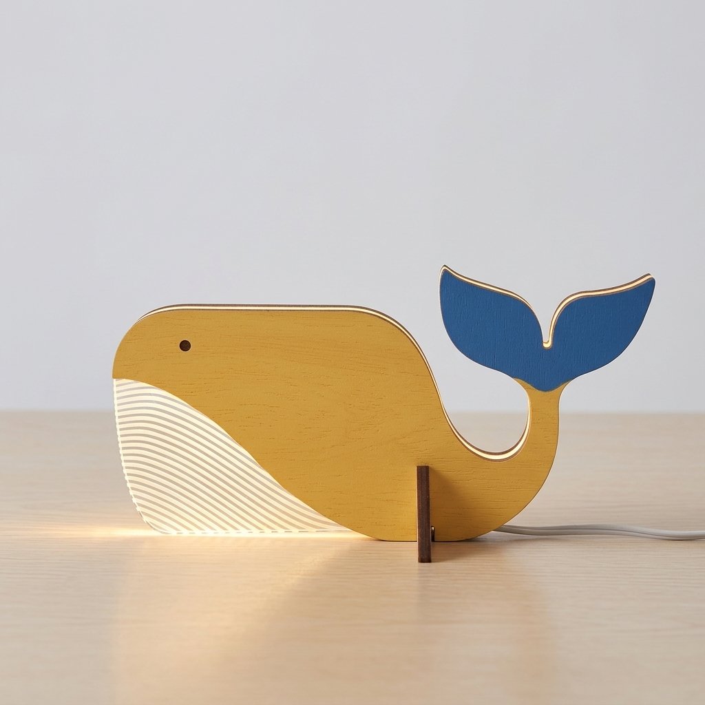 Wooden Animal LED Table Lamp, Sculptural Nordic Design — Whale 20cmx10cm / 8" × 4"