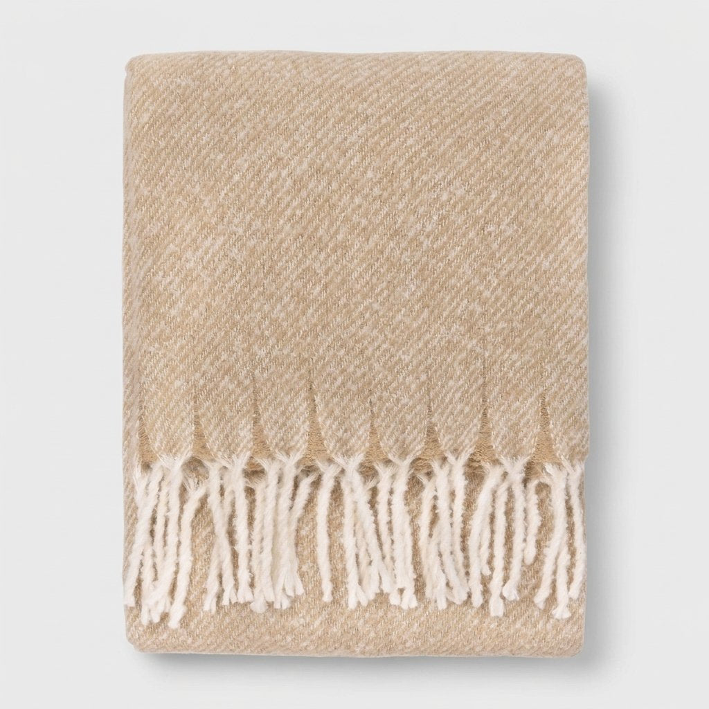 Woven Tasselled Throw with Herringbone Texture — Beige