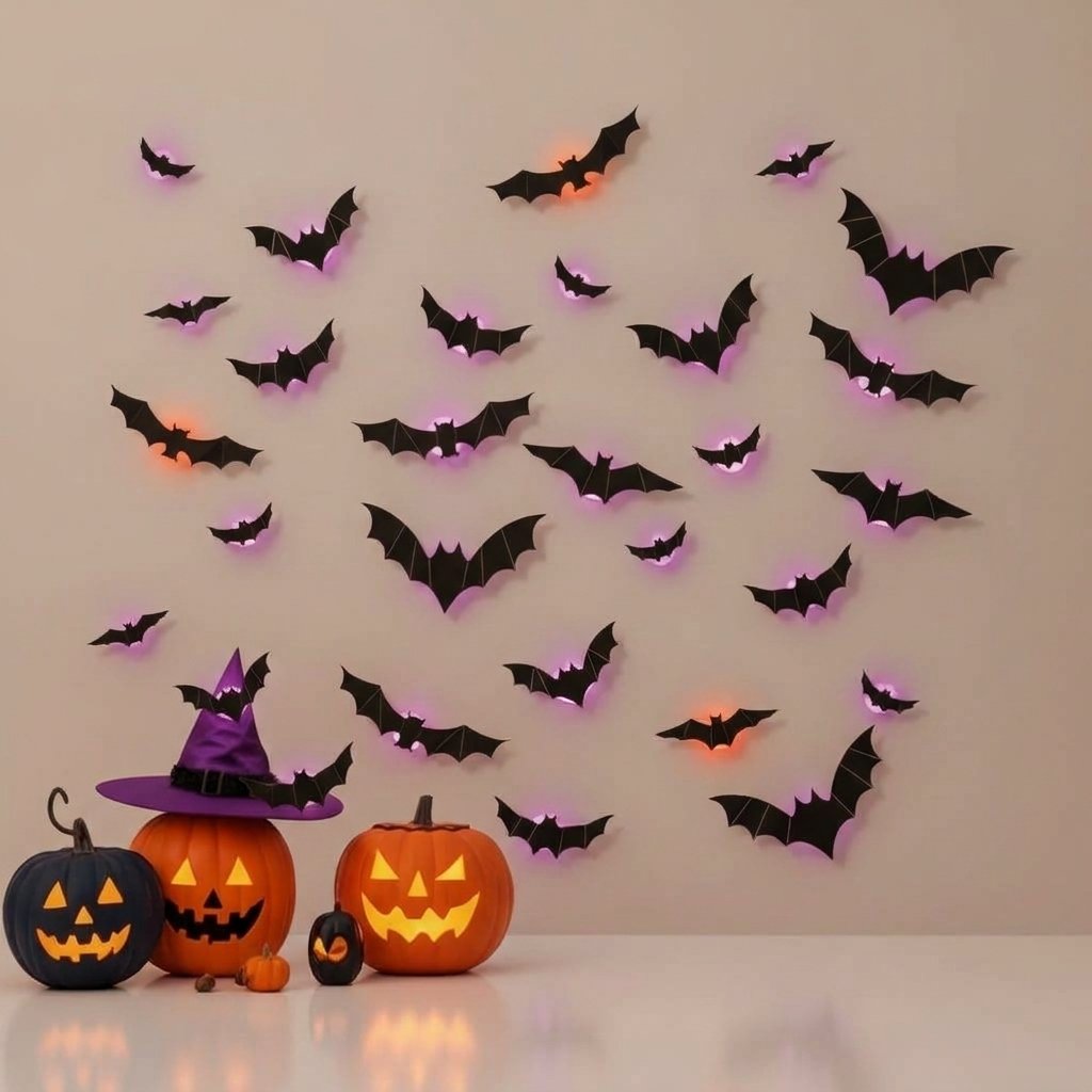 3D Bat Wall Decals with LED Backlights – Peel and Stick Halloween Wall Decoration — 48 pieces