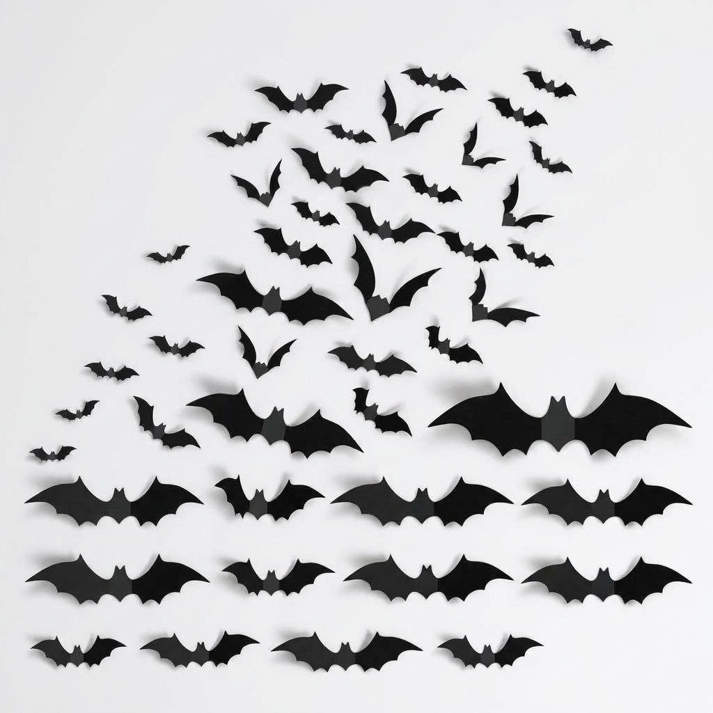 3D Foldable Bat Wall Stickers for Halloween Decoration – Peel and Stick, Reusable, Indoor Use — 48 pcs (Black Bat)