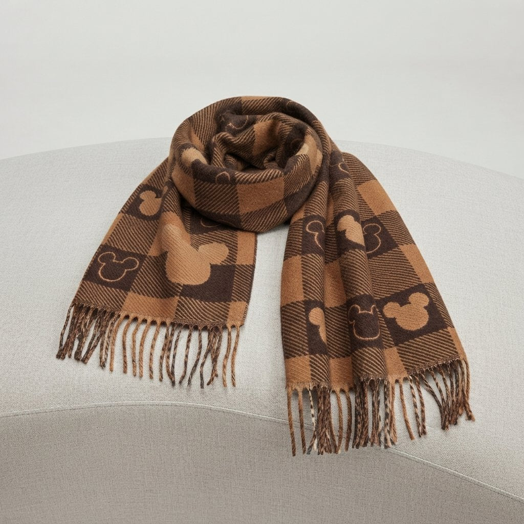 Checked Winter Scarf with Motif Print and Tassels — Brown Bear
