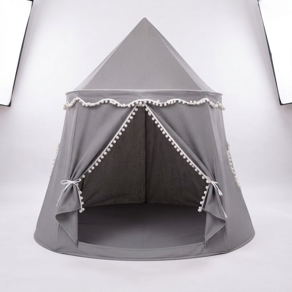 Children's Indoor Play Tent with Pom-Pom Detail — Grey Cotton