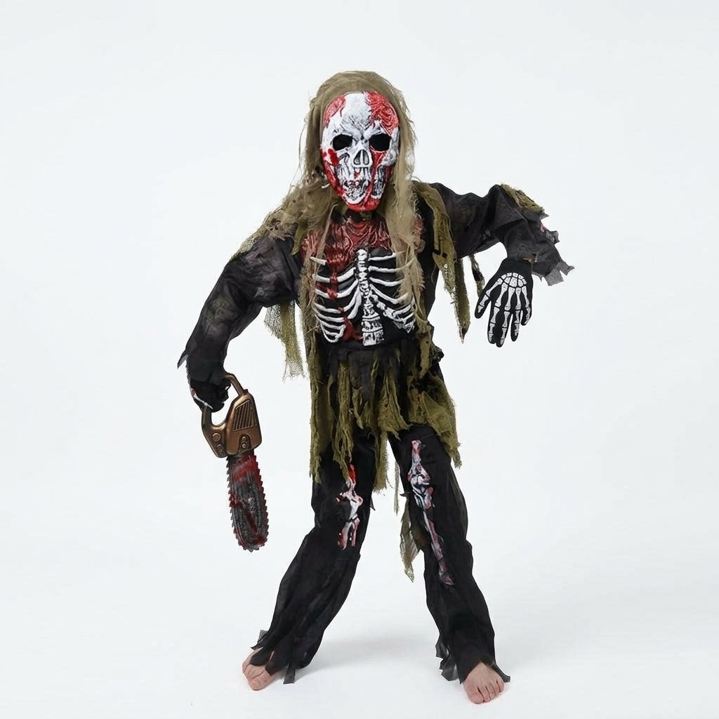 Children's Zombie Skeleton Halloween Costume Set with Skull Mask and Skeleton Gloves — XL