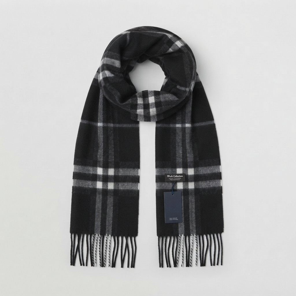 Classic Check Scarf with Fringe, Wool-Feel Wrap — Black