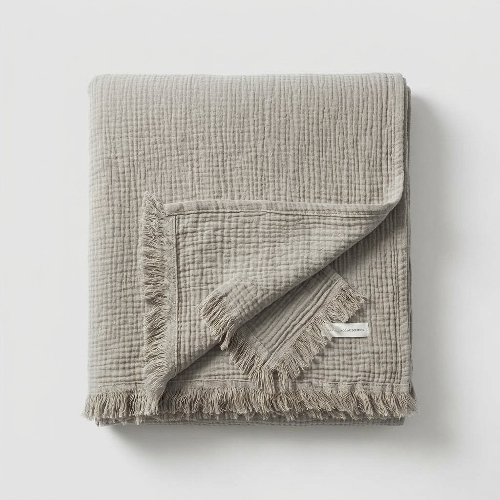 Cotton Crinkle Throw with Tassels, 100% Cotton — Ash Grey