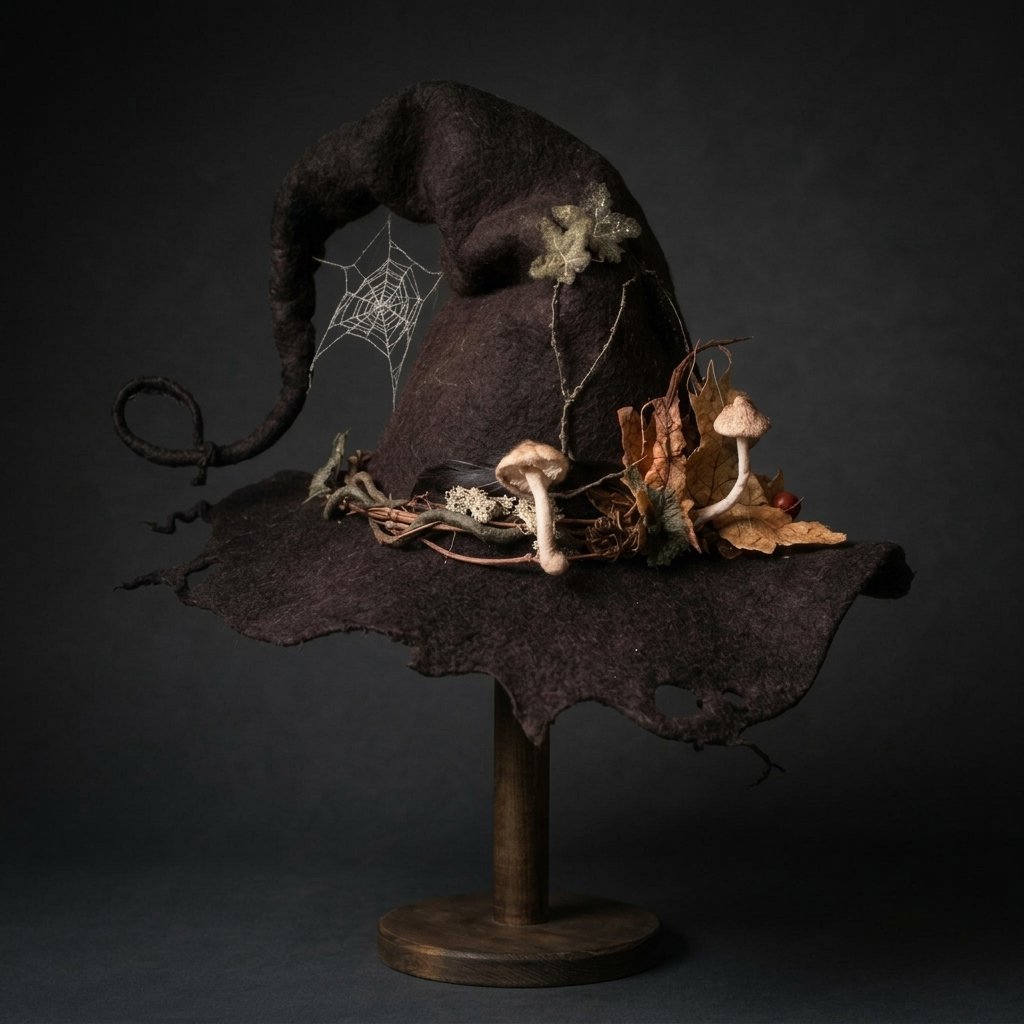 Decorated Witch Hat with Felted Wool, Forest Embellishments and Whimsical Curled Tip — Rose Purple