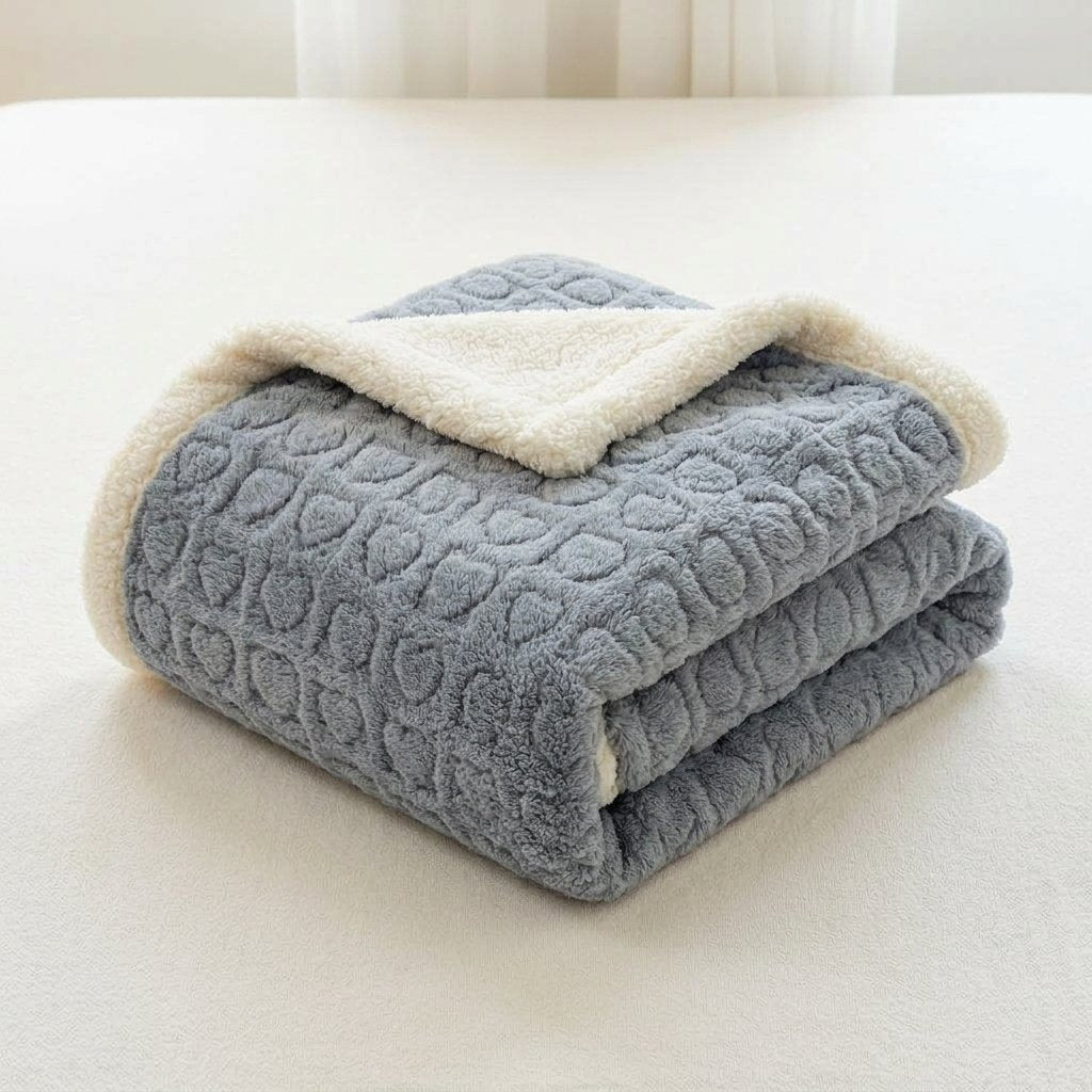 Double-Layer Berber Fleece Throw Blanket, Heart Texture — Grey Blue