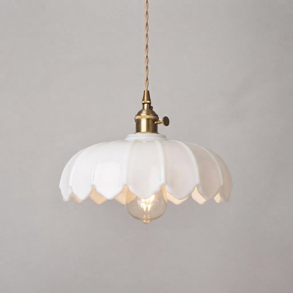Floral Glass Pendant Light with Brass Fitting — White