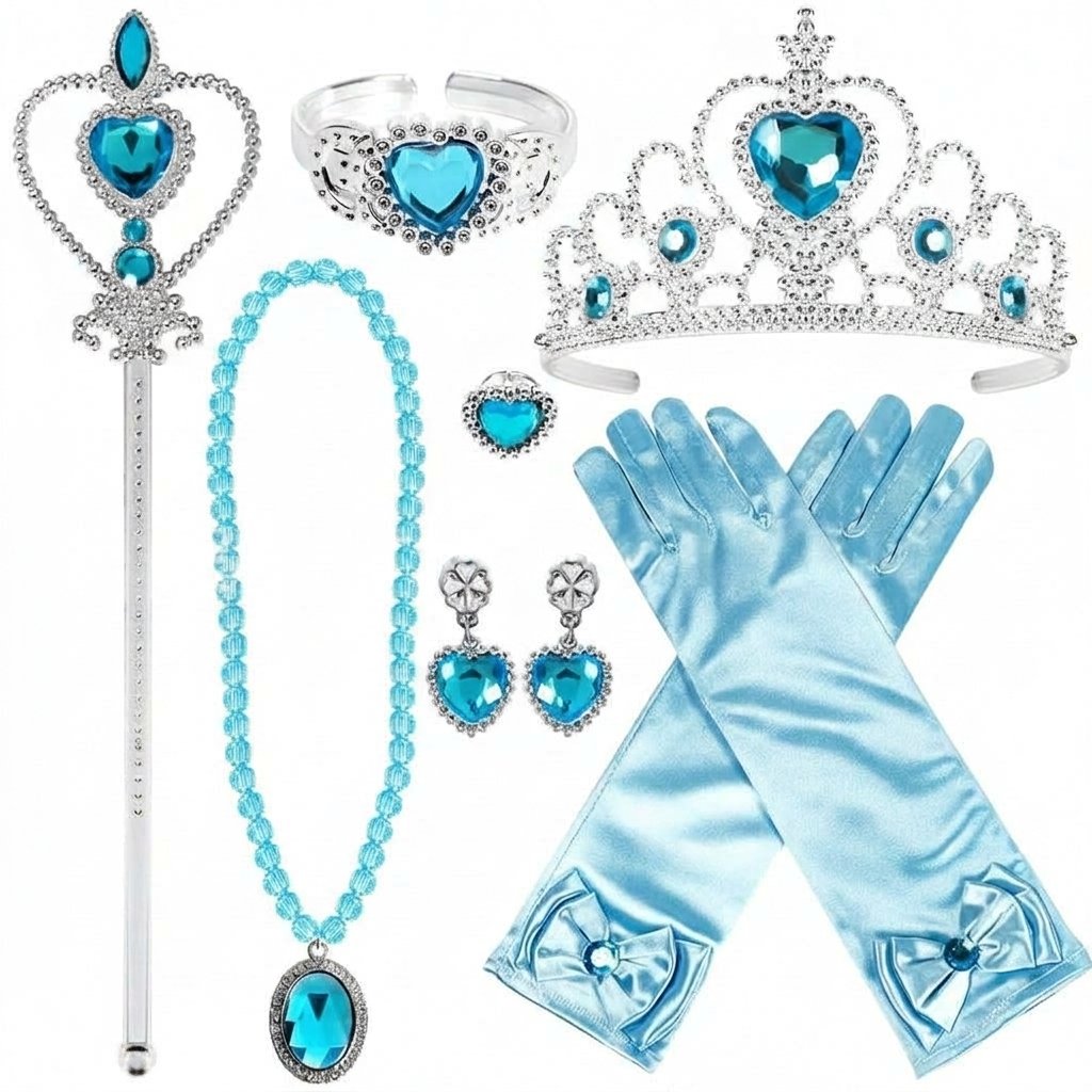 Girls' Princess Dress-Up Accessory Set – Tiara, Wand, Gloves, Necklace, Bracelet, Earrings and Ring — Blue