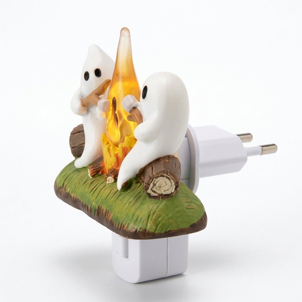 Halloween Ghost Campfire Plug-In LED Night Light with Two Ghost Figures Roasting Marshmallows — B (EU Plug)