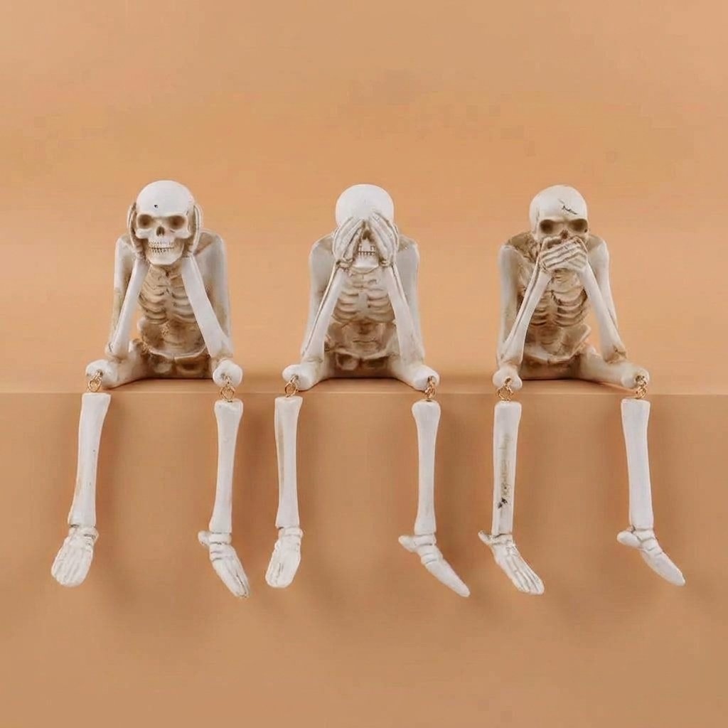 Halloween Skeleton Shelf Sitter Set of 3 with Dangling Legs – See No Evil, Hear No Evil, Speak No Evil Figurines — Bone White
