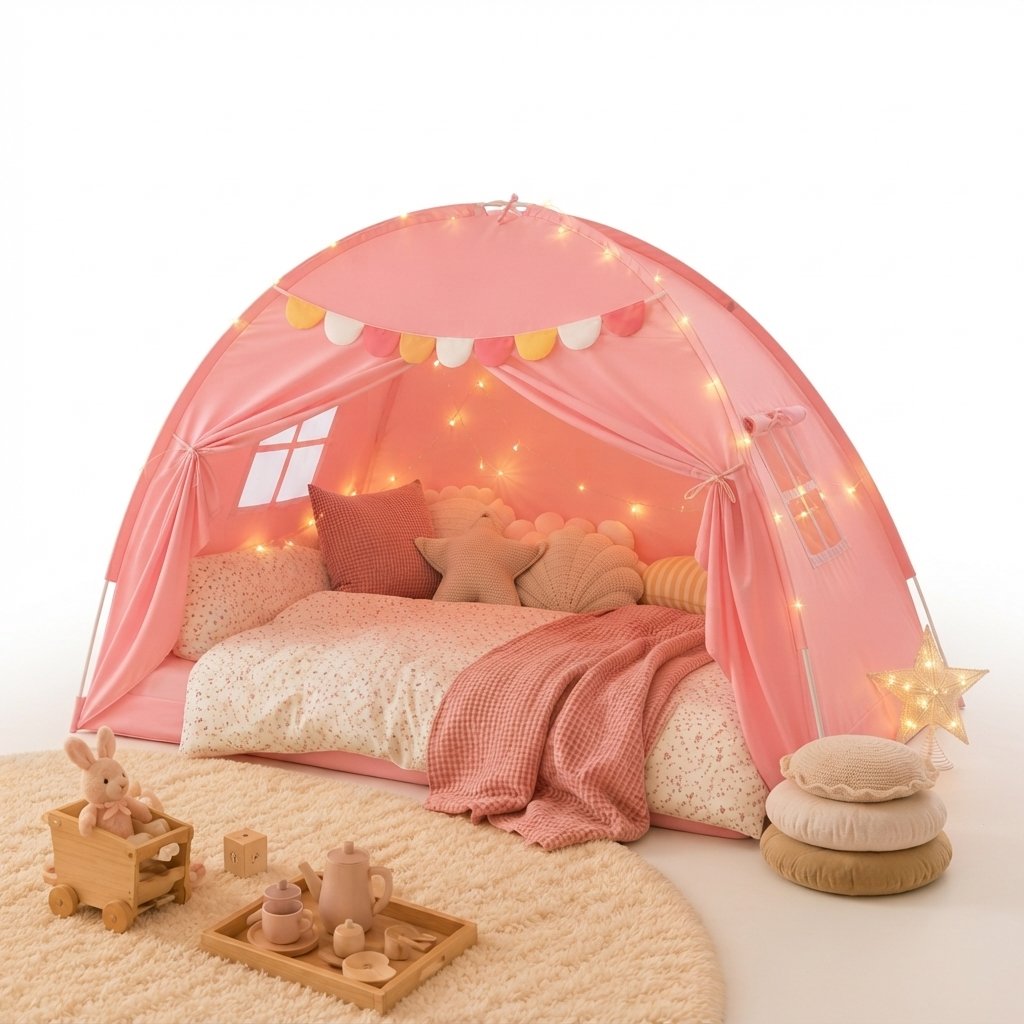 Kids Bed Play Tent with Star Lights and Flags — Pink