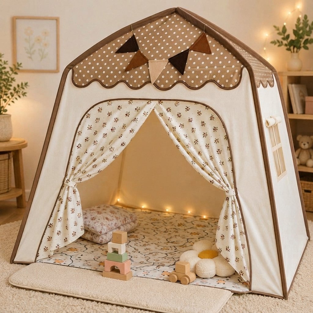Kids Play Tent with Canopy for Bedroom or Playroom — Brown Polka Dot