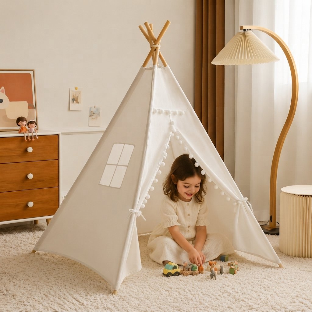Kids Teepee Play Tent with Pom-Pom Trim, Cotton Canvas — 1.6m Without Mat