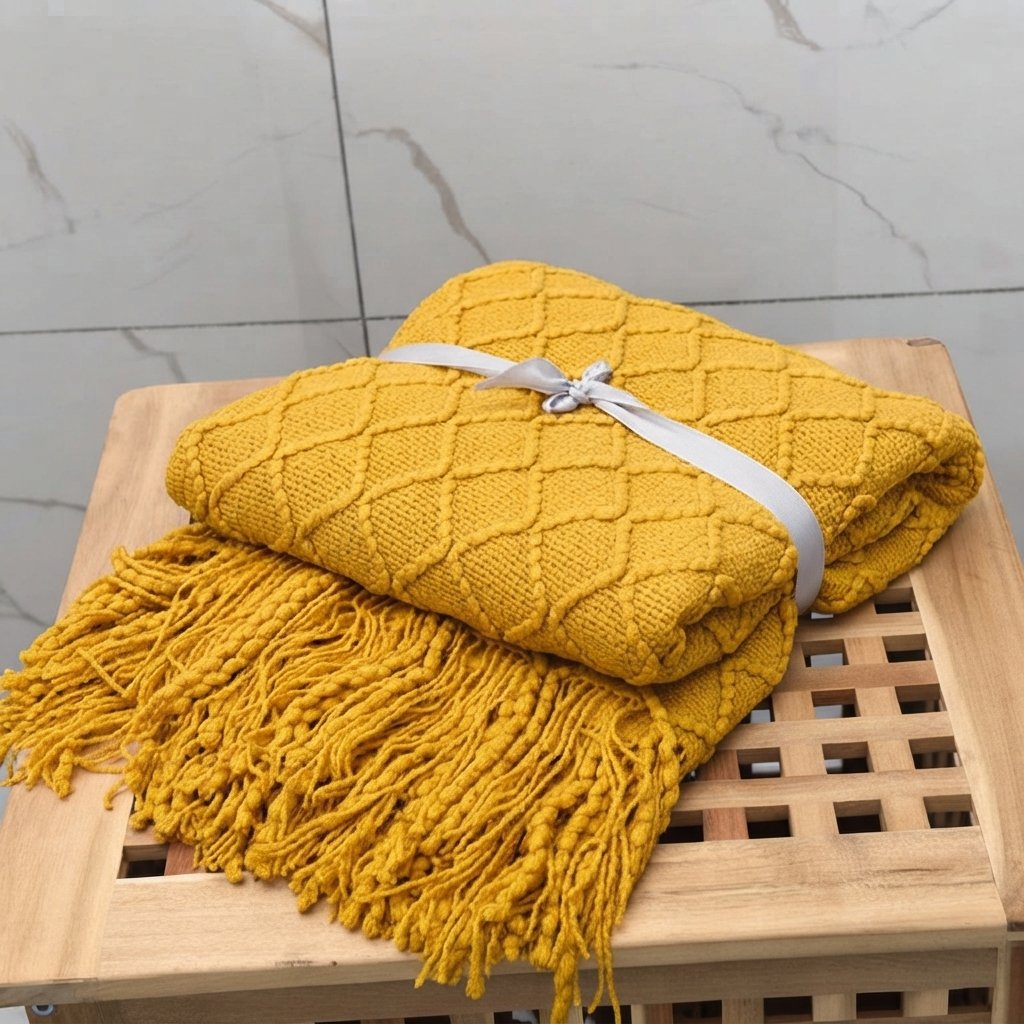Knitted Throw Blanket with Tassels – Diamond Weave — Retro Yellow