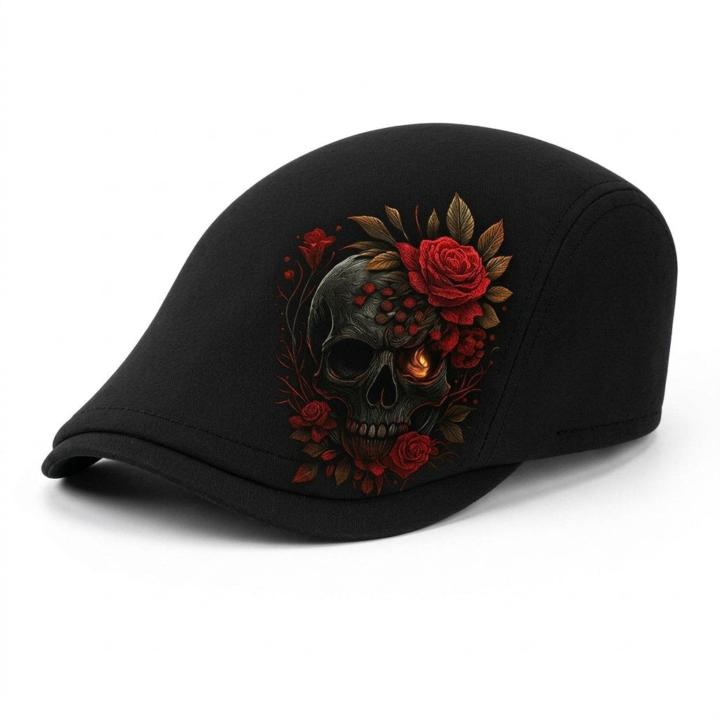 Men's flat cap with skull and rose embroidery — Model 4