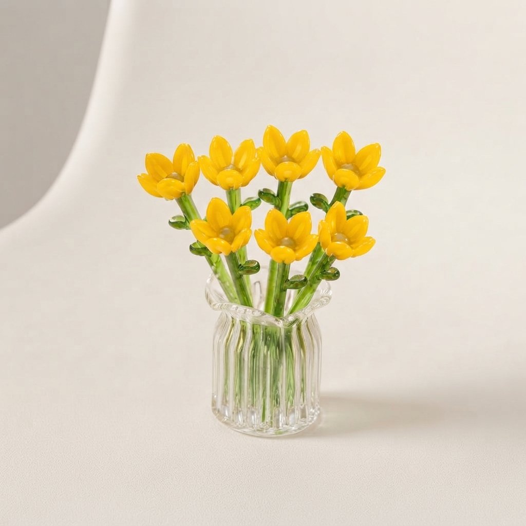 Miniature Glass Flower Set with Fluted Vase — 7pcs Yellow Set + Vase