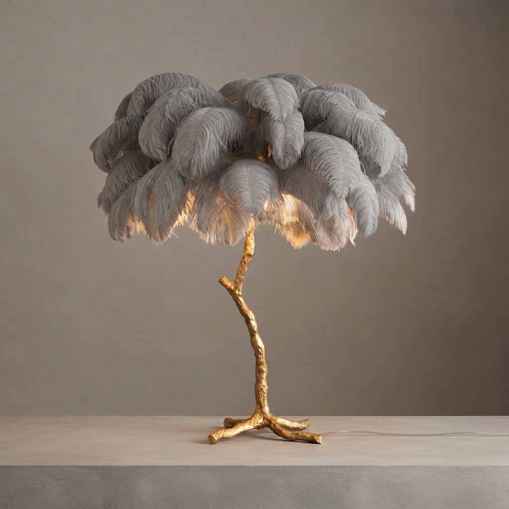 Ostrich Feather Floor Lamp with Gold Branch Base — Grey