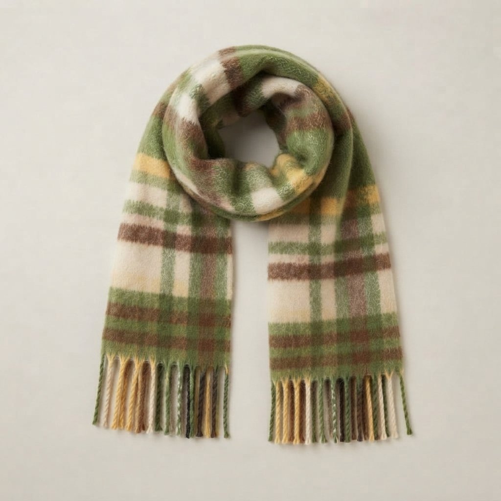 Oversized Checked Winter Scarf with Fringed Ends — Green