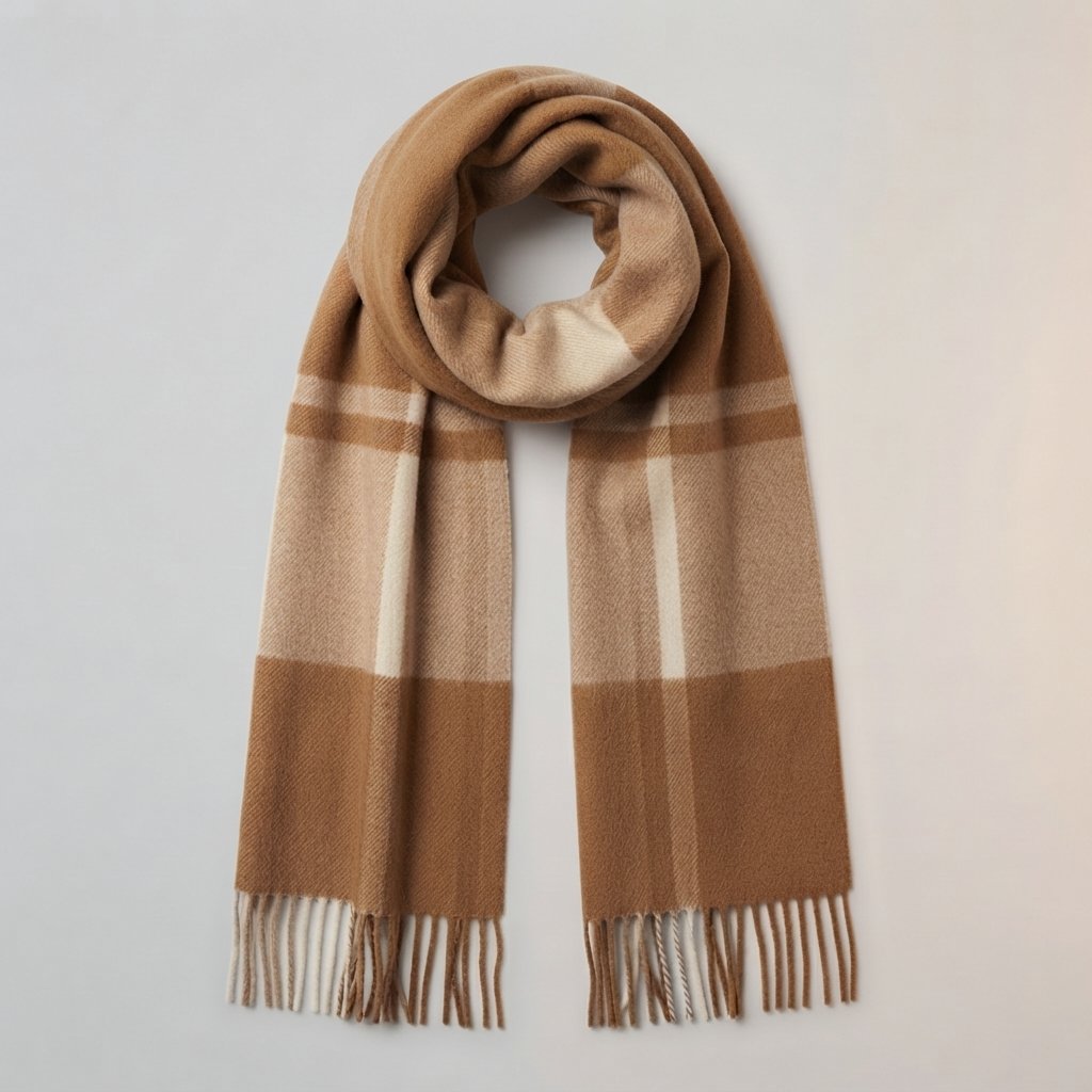 Plaid Wool Scarf with Fringe – Oversized Winter Wrap — Camel White