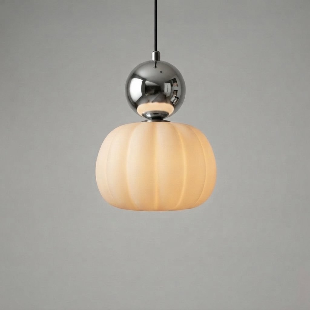 Pumpkin Glass Pendant Light with Spherical Accent — Chrome