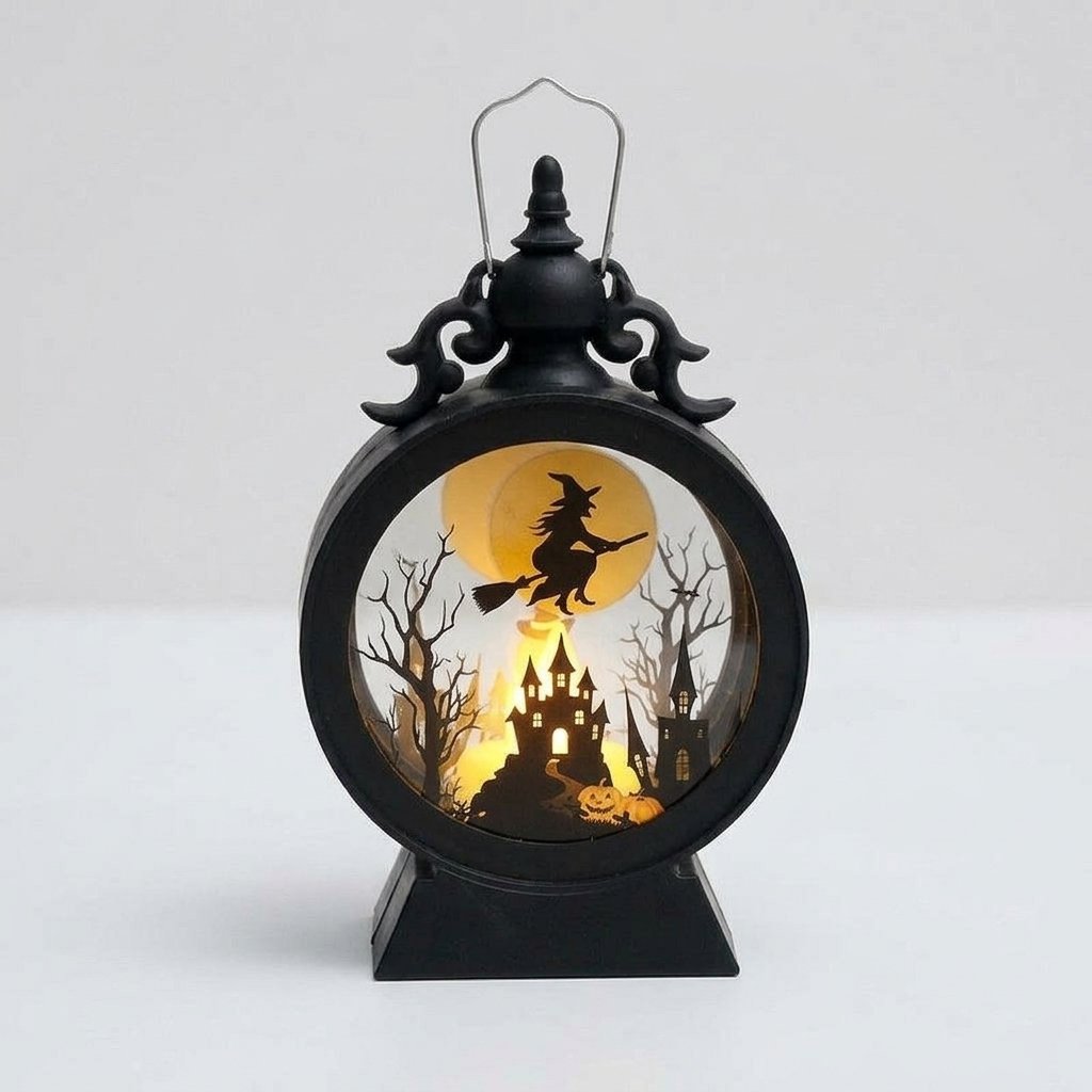 Retro Halloween Lantern with Warm LED Glow and Cut-Out Scene — Set