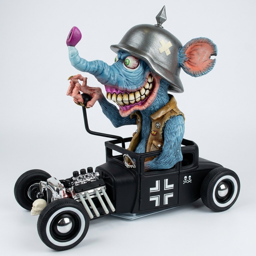 Retro Hot Rod Monster Collectible Figure – Hand-Painted Resin Model with Car Base — Rat Monster