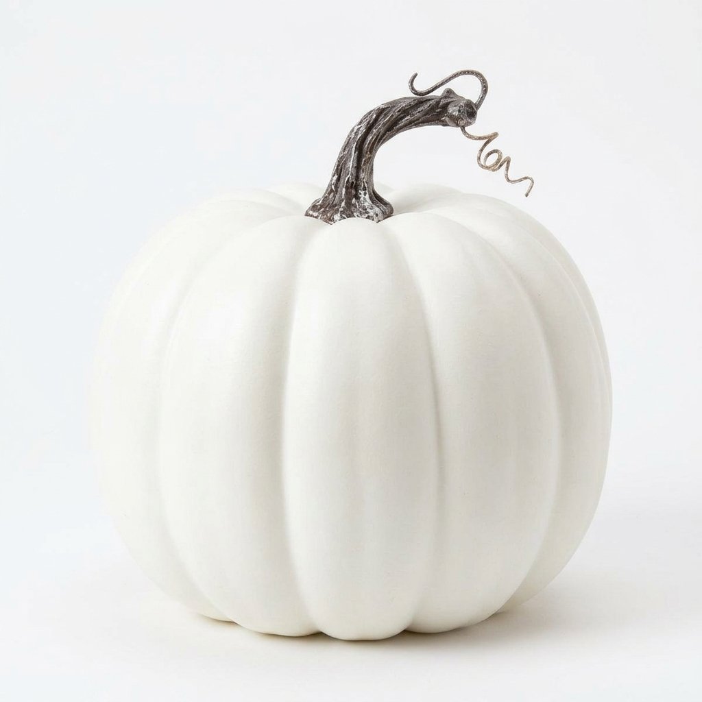Set of 7 Artificial Foam Pumpkins with Ribbed Texture and Curved Stems – Autumn and Halloween Decoration — White