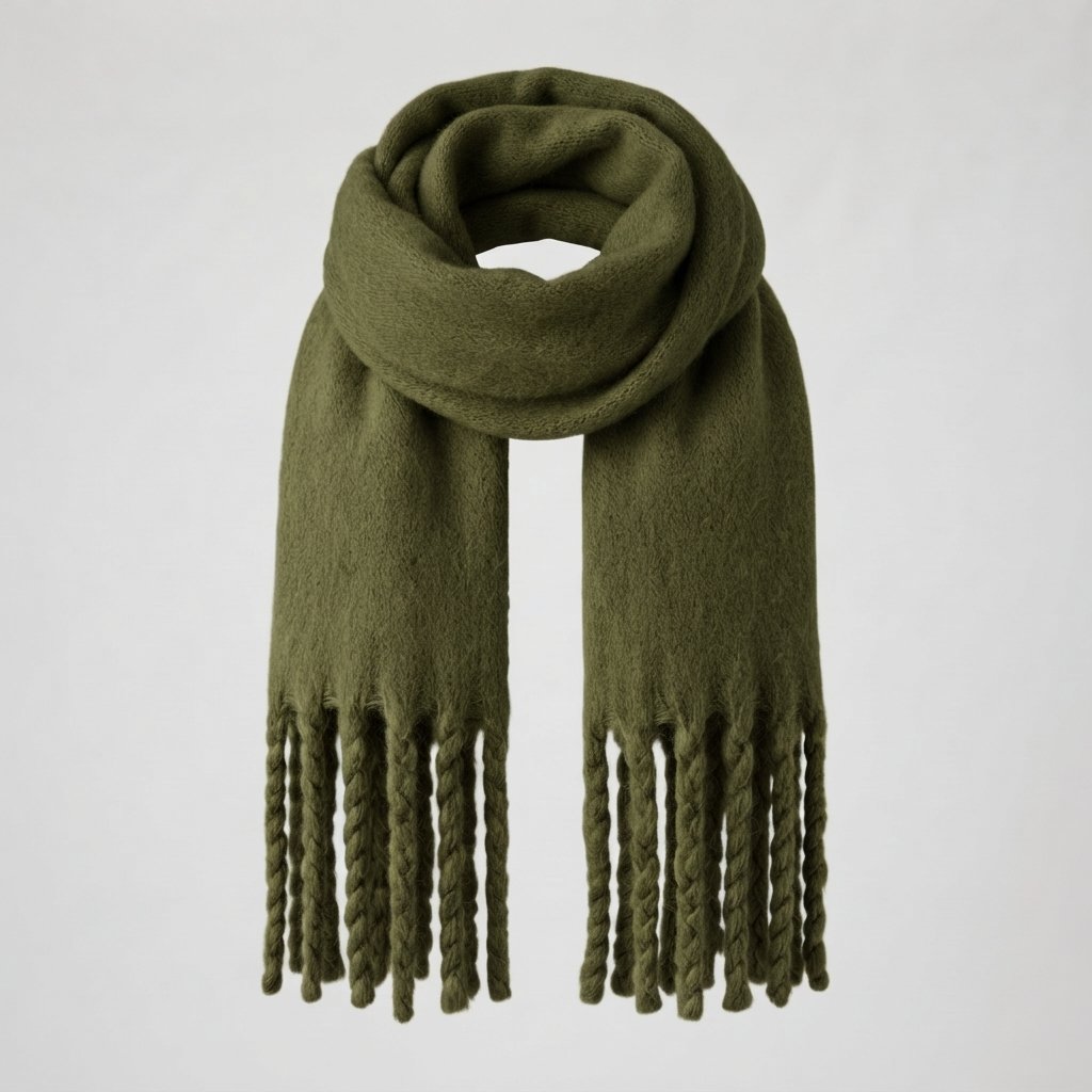 Soft Fringed Scarf – Fluffy Winter Wrap — Olive Green