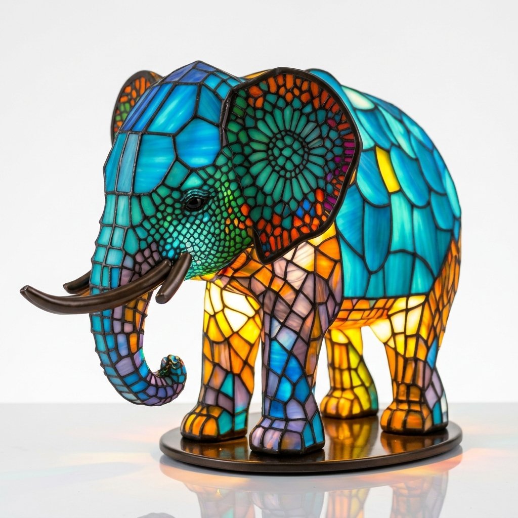 Stained Glass-Look Animal Table Lamp, USB LED — Elephant