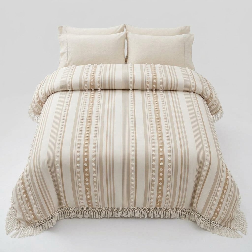 Striped Cotton Duvet Set with Tassel Detail — Khaki
