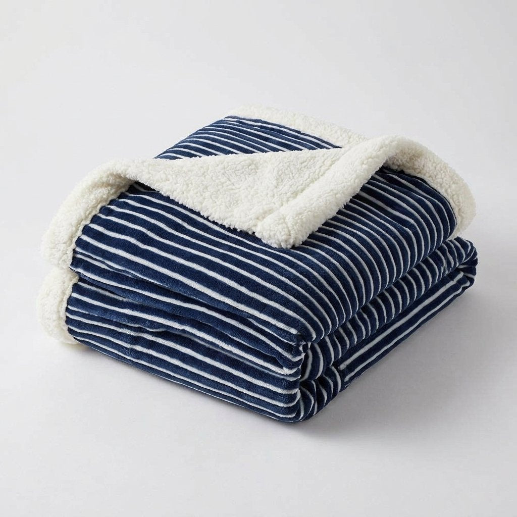 Striped Sherpa Throw Blanket, Soft Double-Sided Fleece — Navy Stripes
