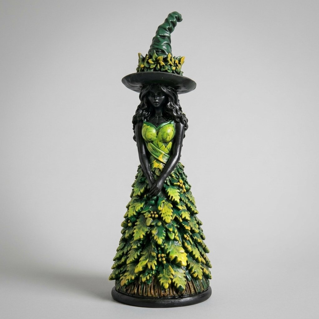 Witch figurine with leaf dress and pointed hat, gothic autumn decoration in four colours — Green
