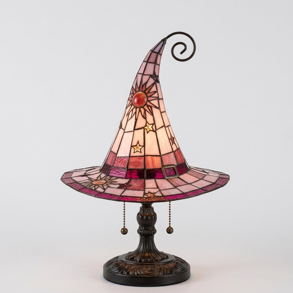 Witch Hat Tiffany-Style Stained Glass Accent Lamp with Star and Sun Motifs — Red